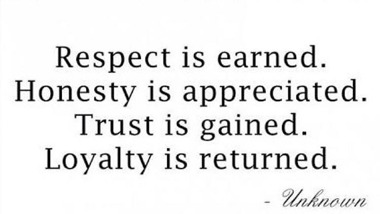 A quote that says respect is earned honesty is appreciated trust is gained loyalty is returned