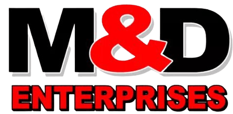 The logo for m & d enterprises is red and black.