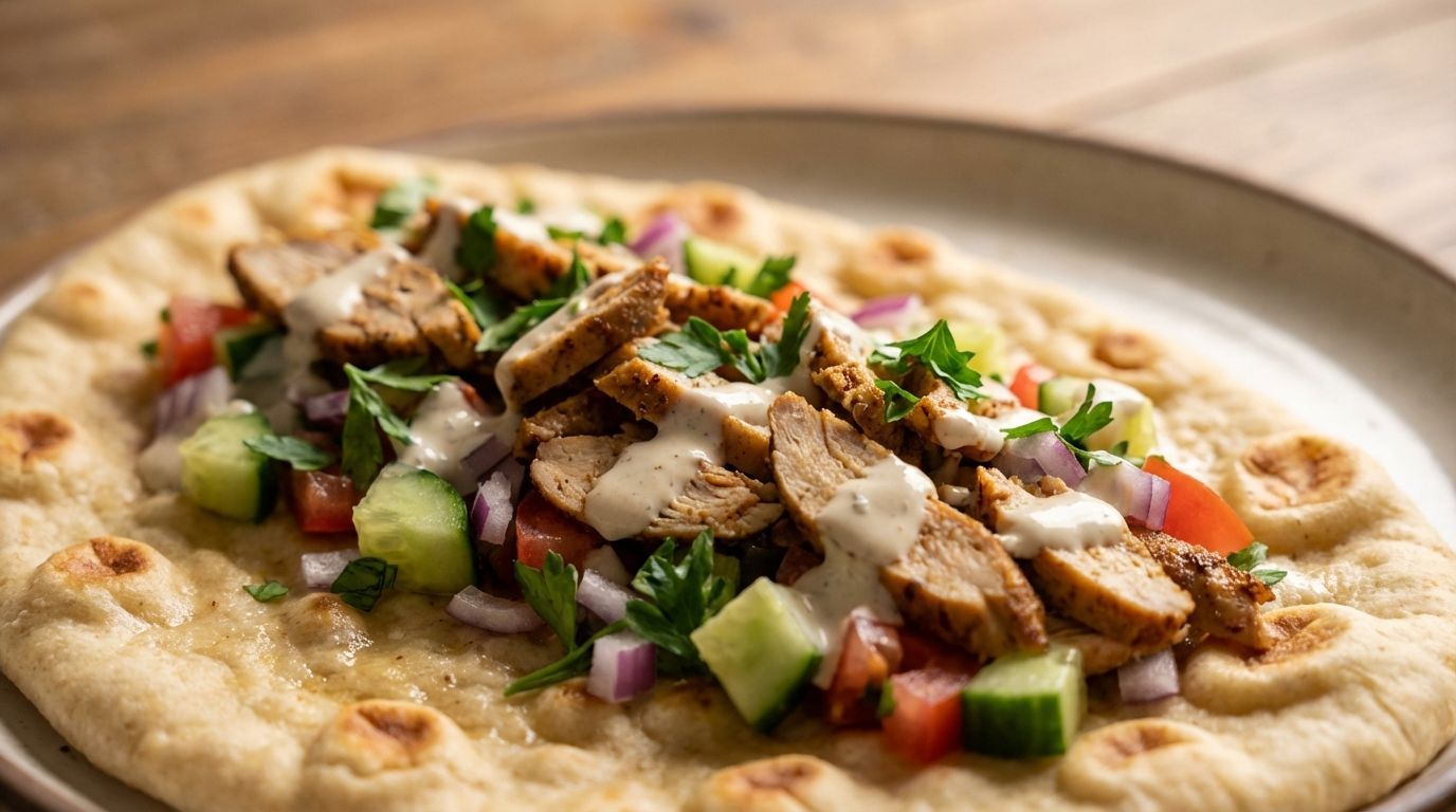 A chicken shawarma wrap on pita bread topped with diced cucumbers, tomatoes, red onions, parsley, and a creamy sauce.