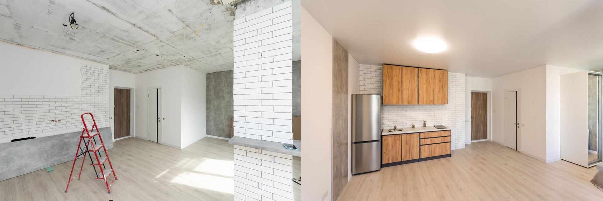 Renovated apartment; left unfinished, right finished kitchen.