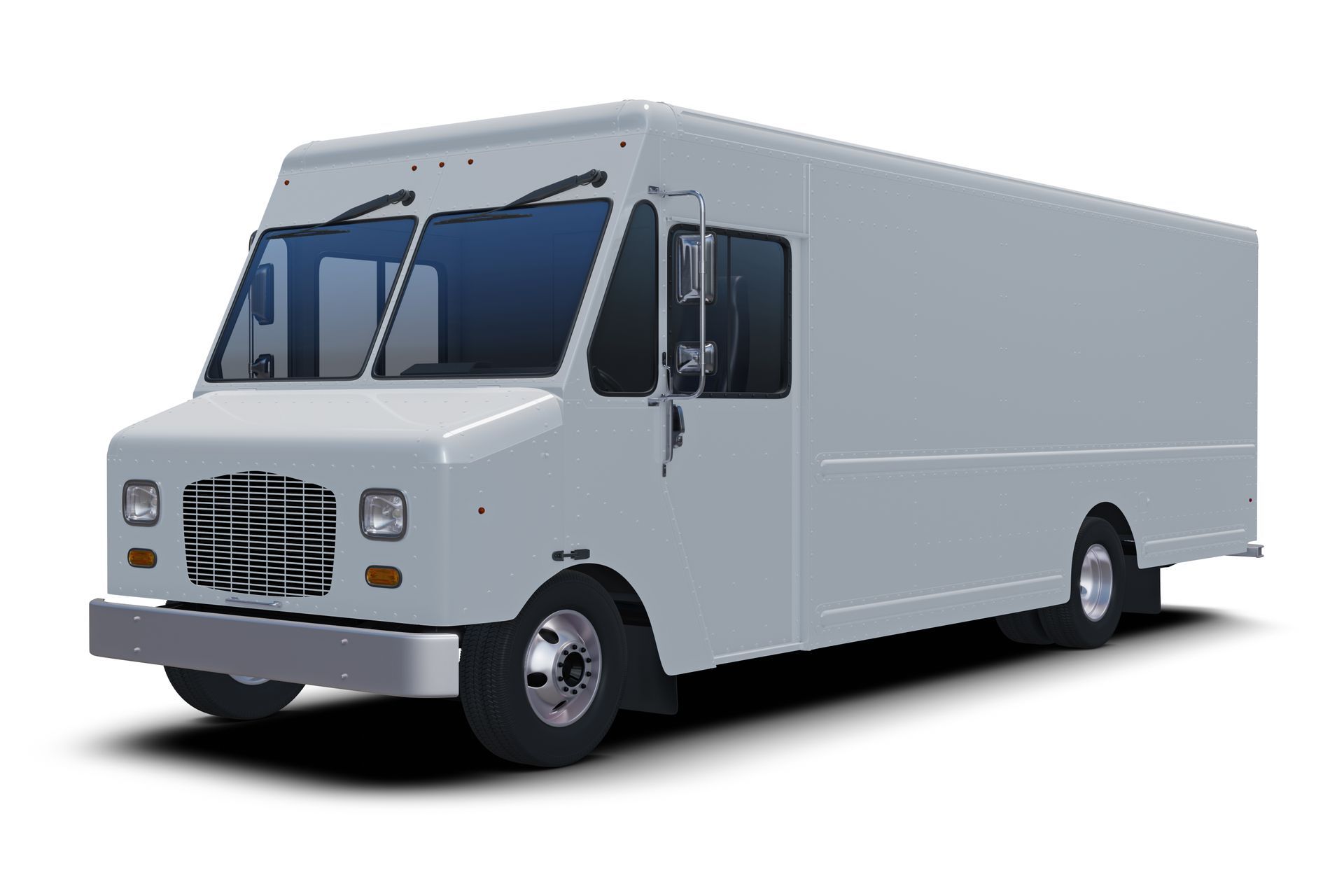 A light gray, box-style delivery truck viewed from the front-side angle against a plain white background.