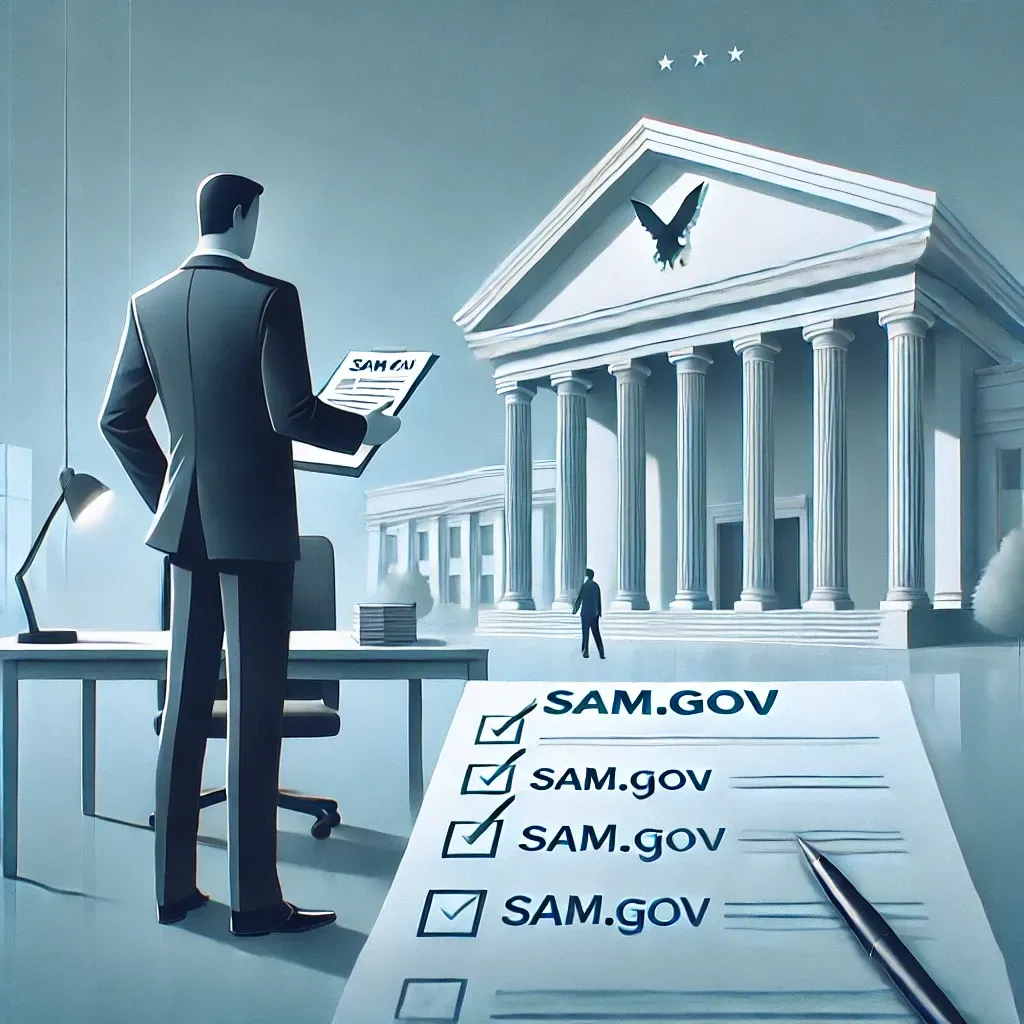 Man reviewing SAM.gov checklist in front of federal building, representing steps small businesses 