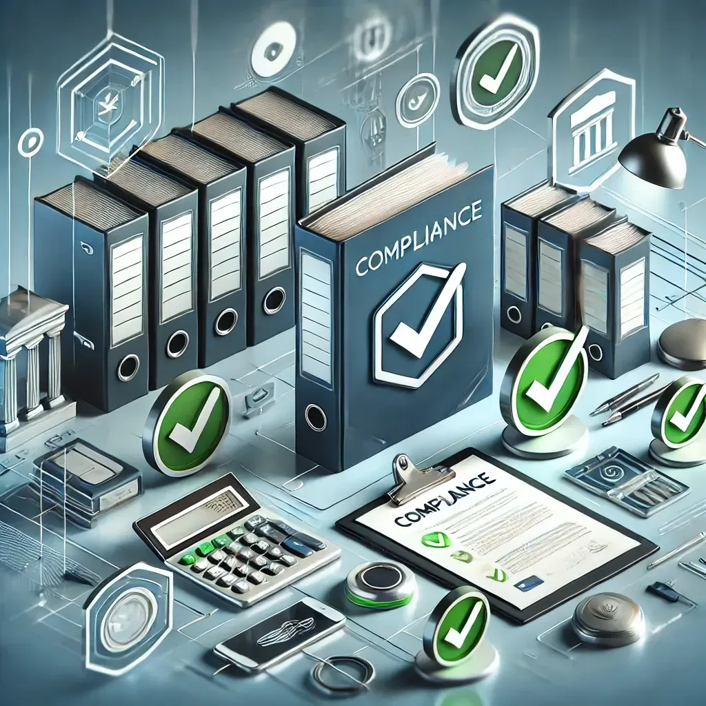 illustratio of compliance documents, checklists, and digital files representing federal contracting 
