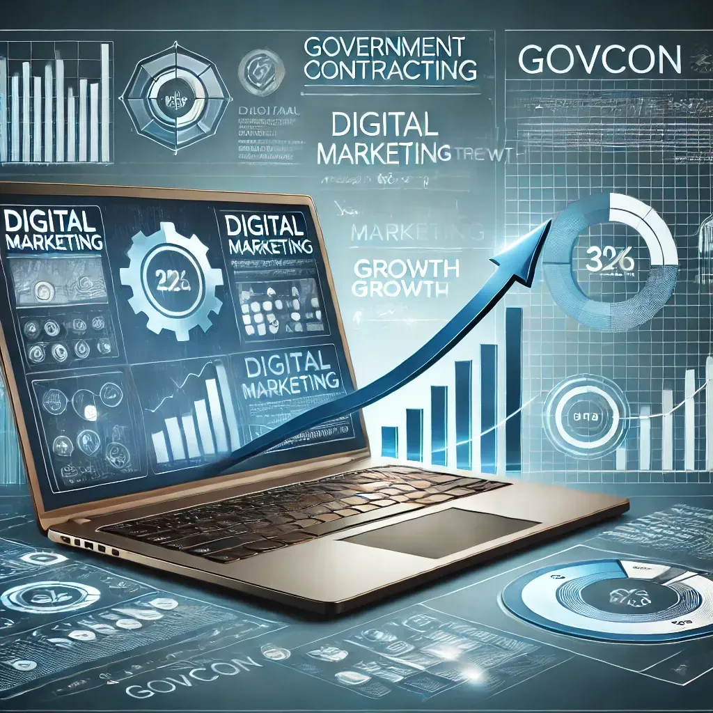 Marketing analytics dashboard, laptop, and branding materials showing growth strategies for 