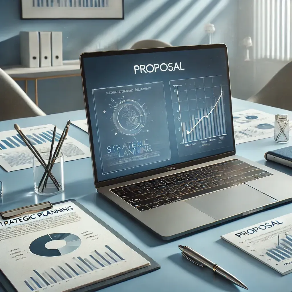 Professional workspace with proposal documents, laptop, and strategy notes federal contracts