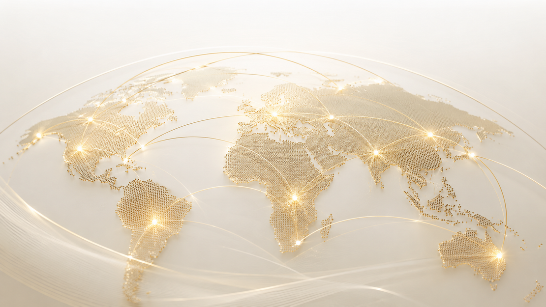 Glowing golden world map with connected network lines on a white background