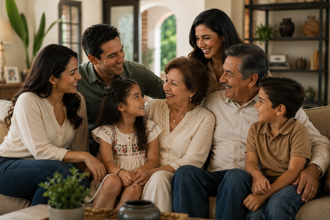 Family gathered on a couch, smiling and chatting in a cozy living room
