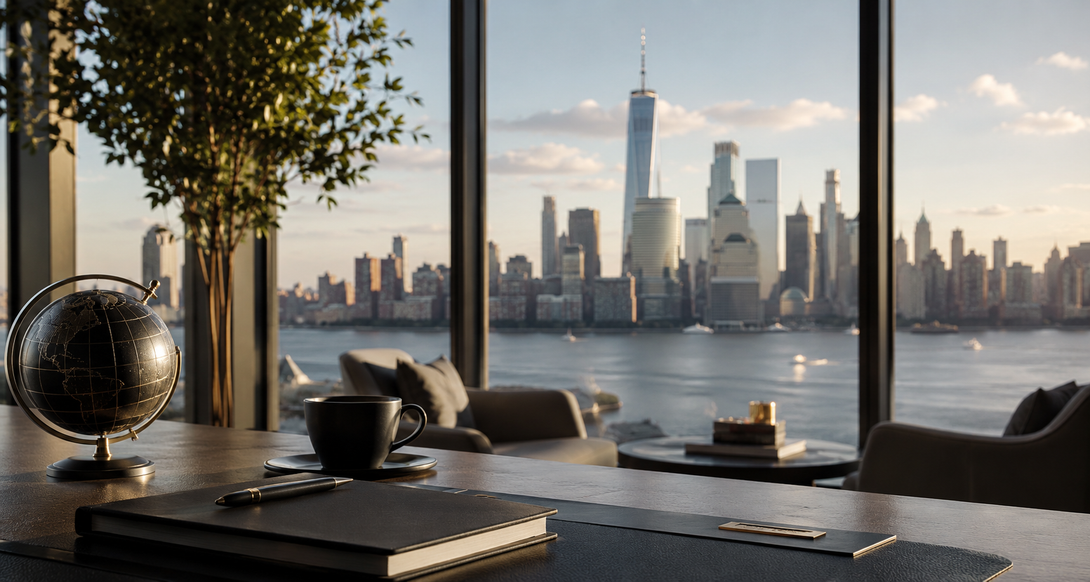 Modern office with city skyline view, desk, chairs, globe, and warm sunset light