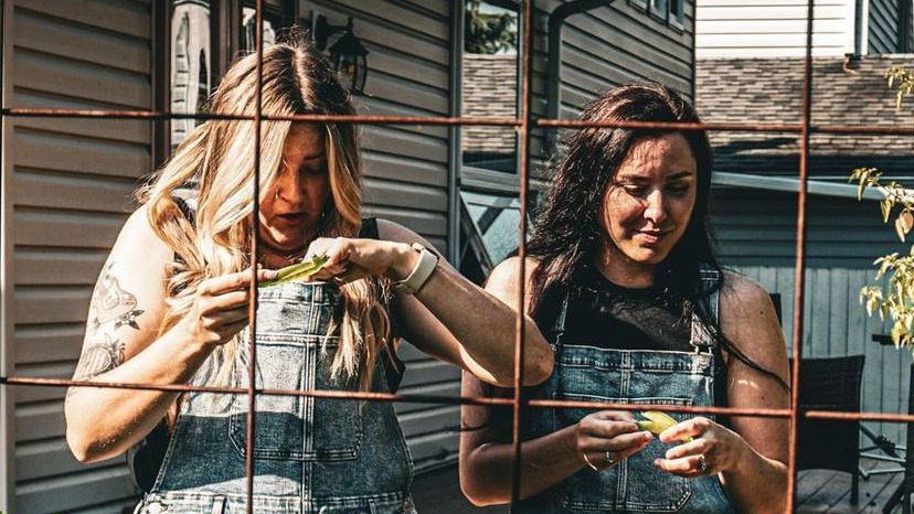 Two women in denim overalls outside, inspecting plants through a rusty fence.