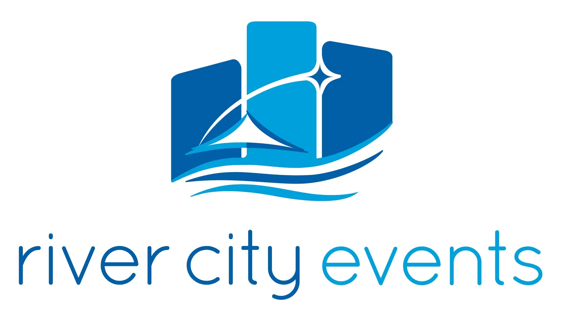 Logo for River City Events, features stylized blue buildings, waves, and a starburst.