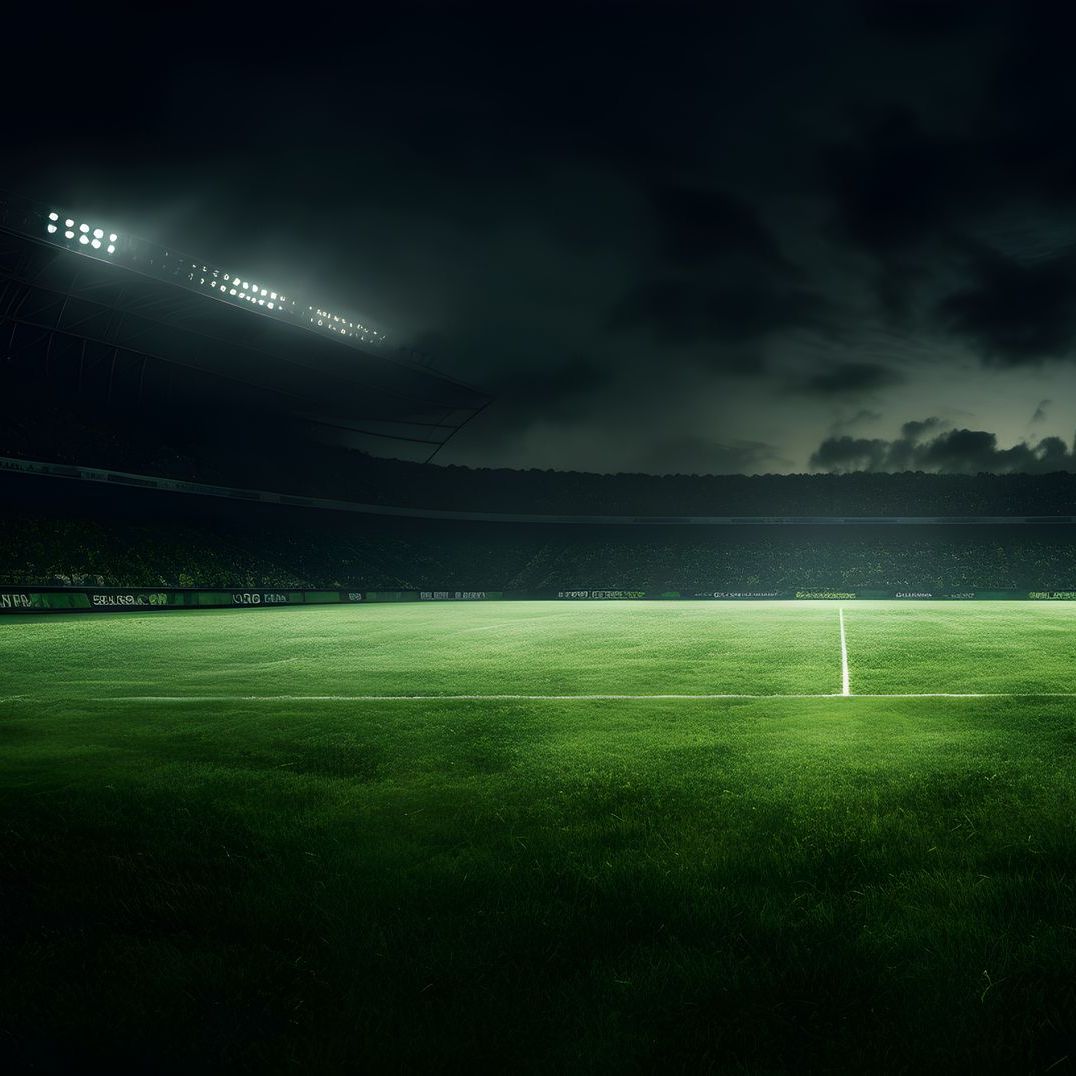 LED lights on empty soccer field and stadium.