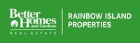 A blue jade real estate logo with a rainbow colored arrow.