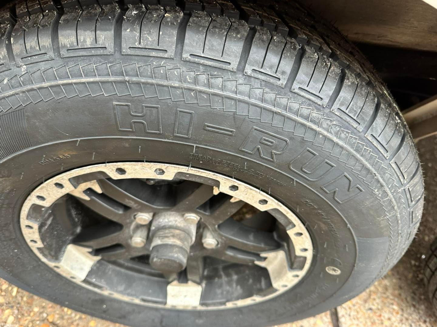 Close-up of a trailer tire with 
