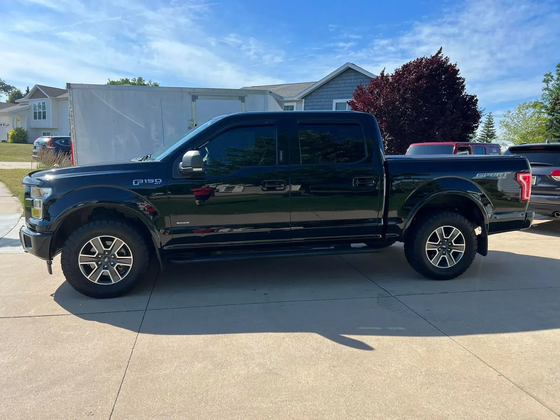 A black pickup truck is parked in a driveway in front of a house.