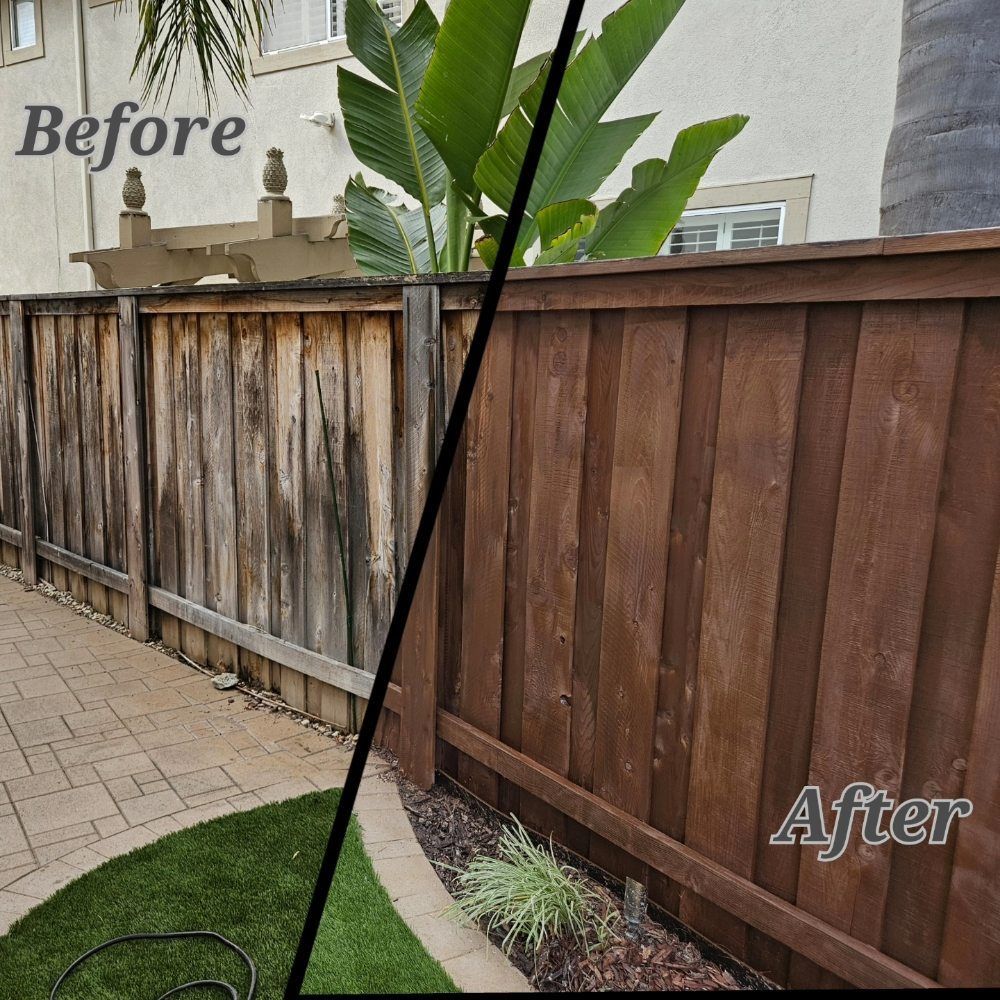 A before and after photo of a wooden fence