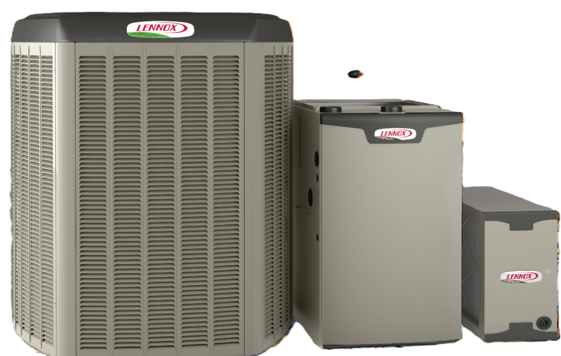 Three gray Lennox HVAC system units of varying sizes, including an outdoor condenser and indoor furnace components.