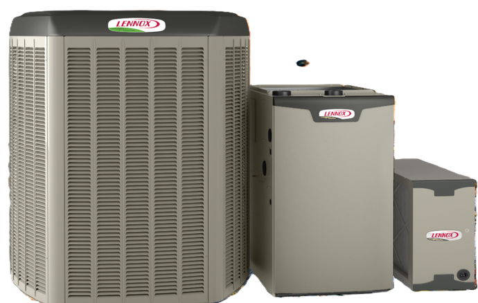 Three gray Lennox HVAC system units of varying sizes, including an outdoor condenser and indoor furnace components.