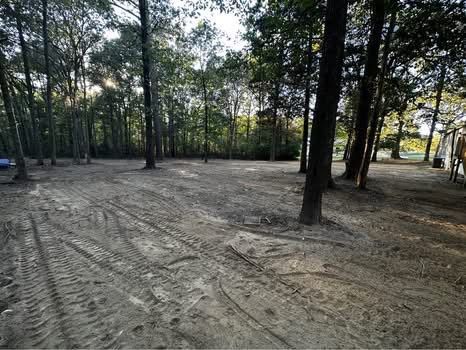 A dirt field in the middle of a forest with trees in the background.