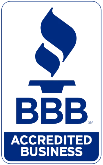 BBB Accredited Business logo in blue and white with torch icon above bold BBB text