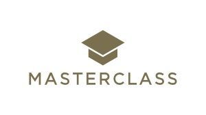 Een logo voor een masterclass met een afstudeerpet op een witte achtergrond.