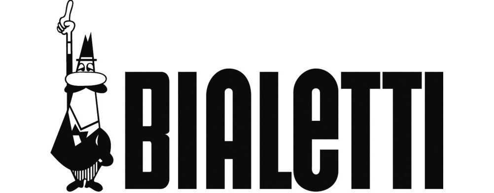 Een zwart-wit logo voor Bialetti met een man die een fakkel vasthoudt