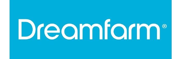 Het logo van Dreamfarm is blauw en wit op een blauwe achtergrond.