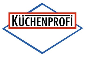 Een rood, wit en blauw logo voor kuchenprofi.