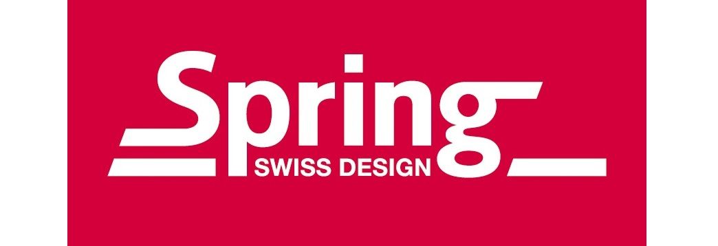 Het logo van Spring Swiss Design is rood en wit.