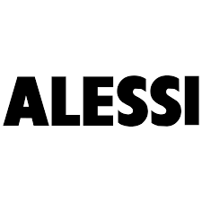 Een zwart-wit logo voor alessi op een witte achtergrond.