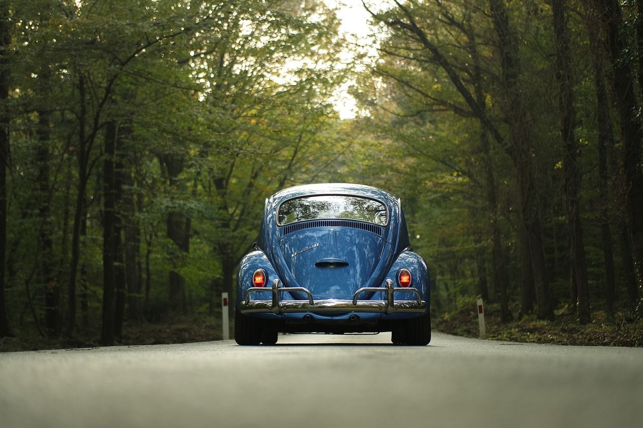 A blue beetle is driving down a road in the woods.