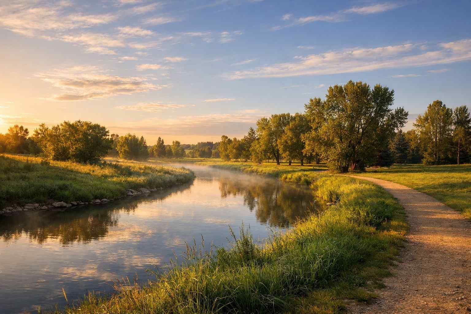 A calm river flows through a grassy meadow at sunrise, with trees lining the bank and a dirt path alongside.