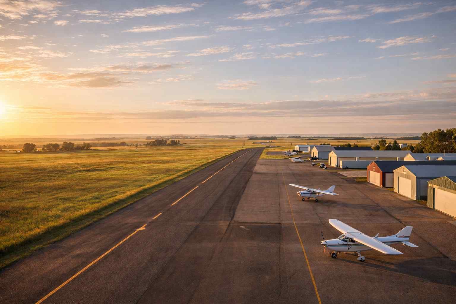 Two small airplanes parked on an airport tarmac next to hangars at sunrise, with a grassy field beside the runway.