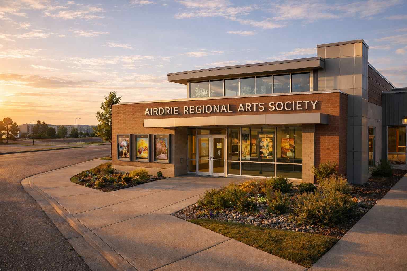Airdrie Regional Arts Society building exterior at sunset, featuring a brick facade, glass entrance, and wall posters.