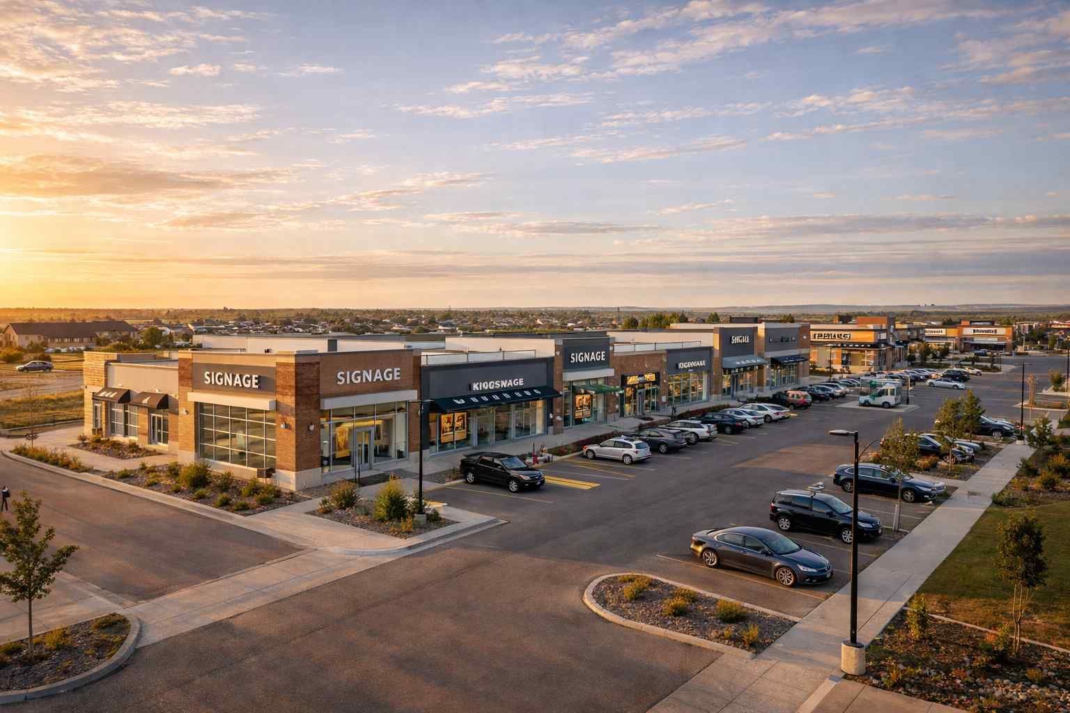 Aerial view of a suburban commercial strip mall with parked cars at sunset.