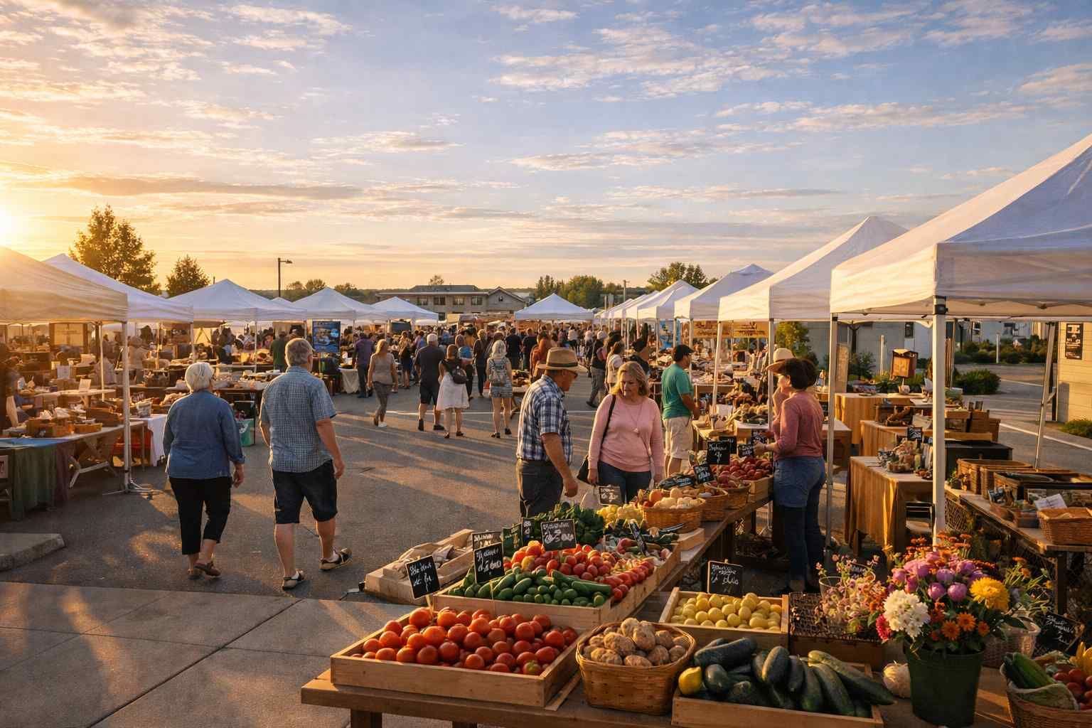 People browse tables of fresh produce under white tents at an outdoor farmer's market during a golden sunset.