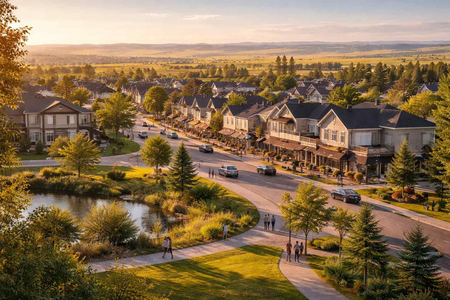 An elevated view of a residential community with houses, a small pond, trees, and people walking on a path at sunset.