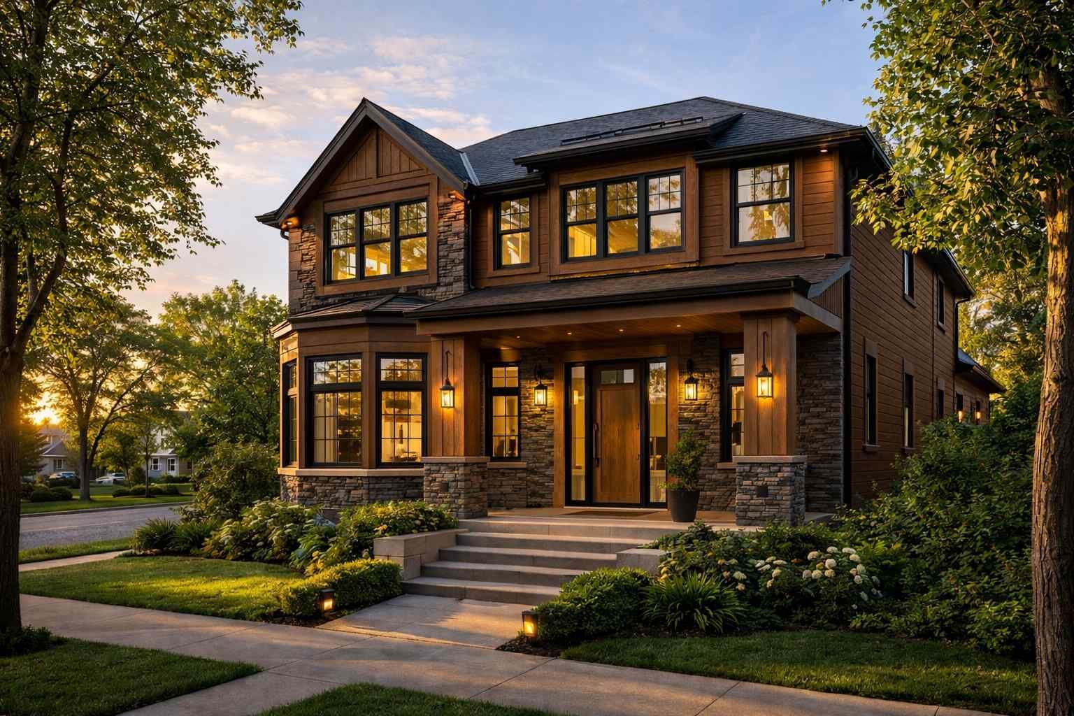 An ornate Victorian-style house with green trim, a covered porch, and a rounded second-story balcony under a clear sky.