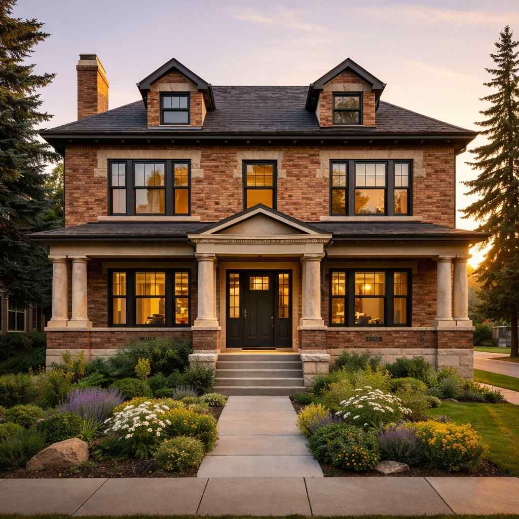 A yellow and purple Victorian house with a prominent conical tower, seen from a low angle against a blue sky.