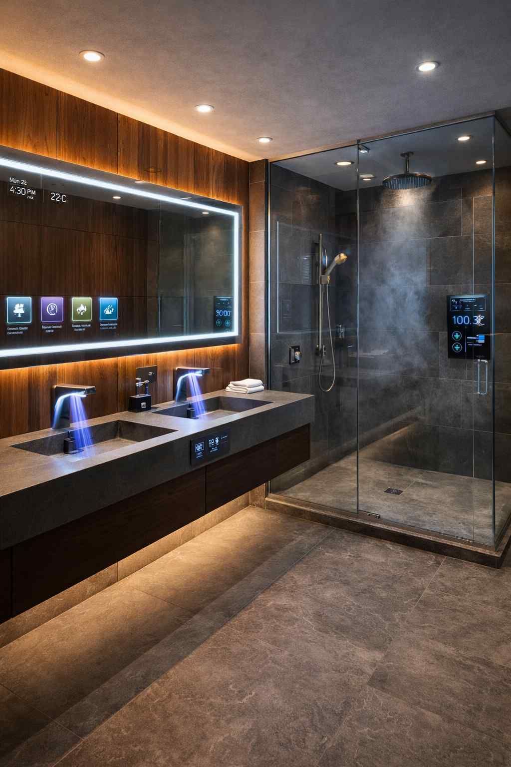 A bright bathroom featuring a dark vanity with a white countertop, a marble-tiled corner bathtub, and a glass-walled shower.