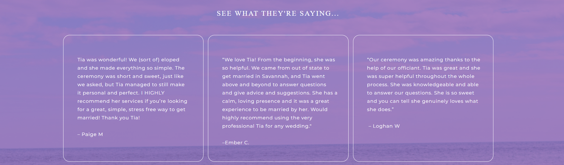 Purple webpage with three columns of small white text and faint centered heading.