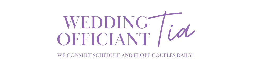Wedding Officiant Tia logo in purple and white with the tagline “We create timeless and elegant ceremonies.”