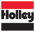 A red , white and black logo for holley.