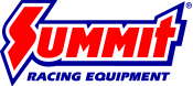 The logo for summit racing equipment is red and blue.