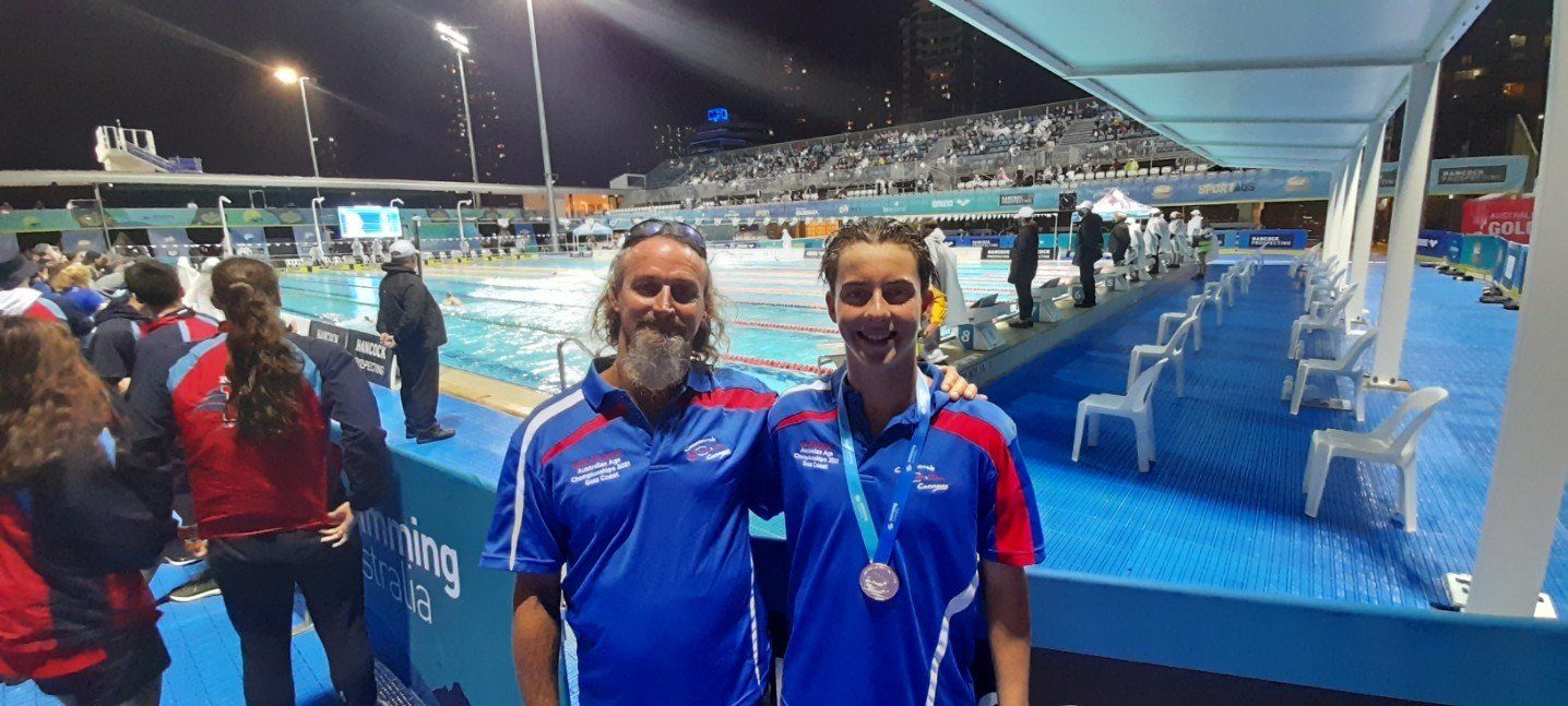 Mark Erickson With Jy Parkinson With Bronze Medal — Swim Training In Cannonvale, QLD