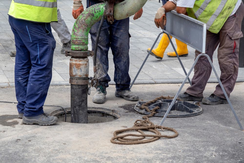 A Group Of Men Are Working On A Manhole Cover — All Hours Vac Truck In Yeppoon, QLD