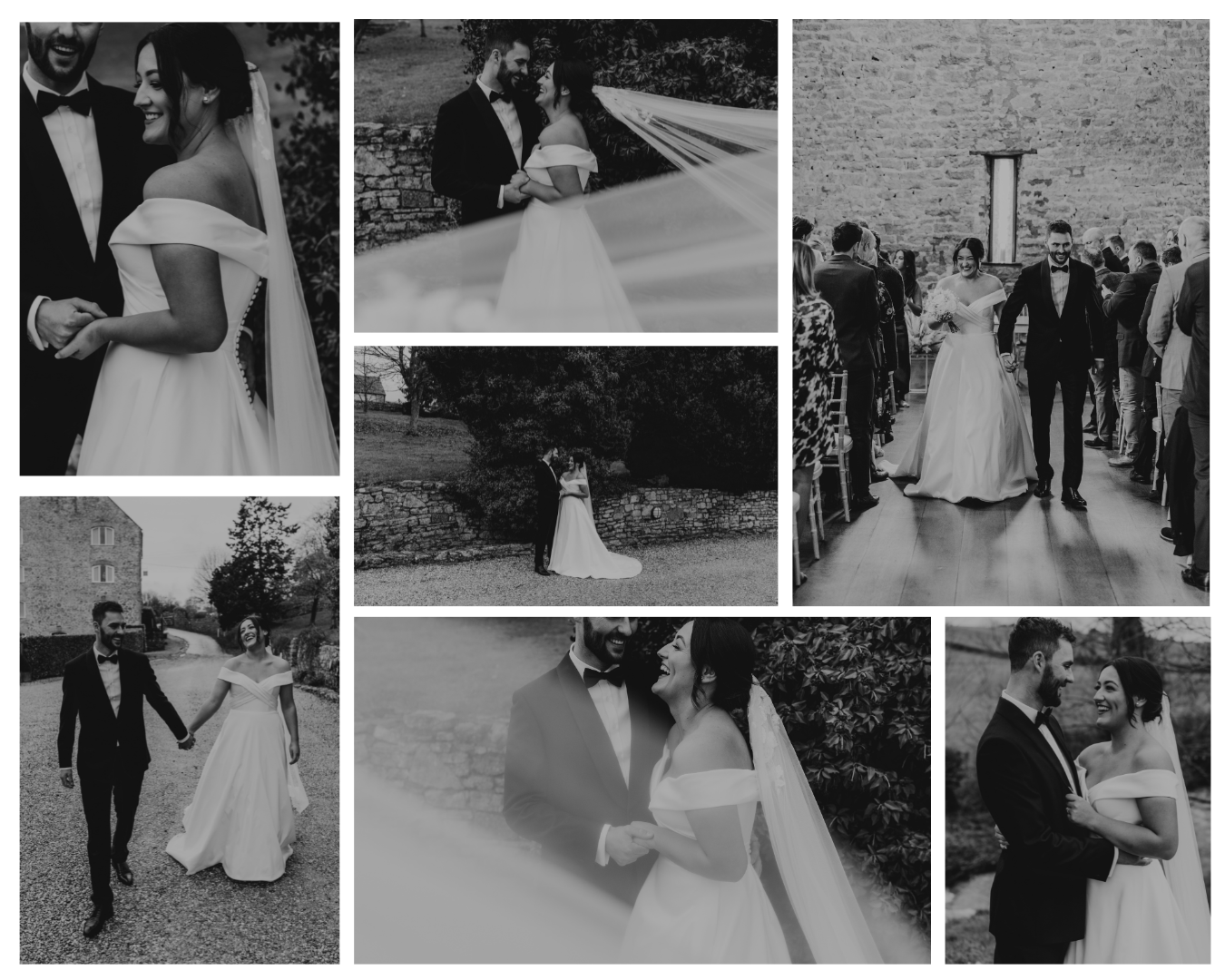 A collage of black and white photos of a bride and groom holding hands.