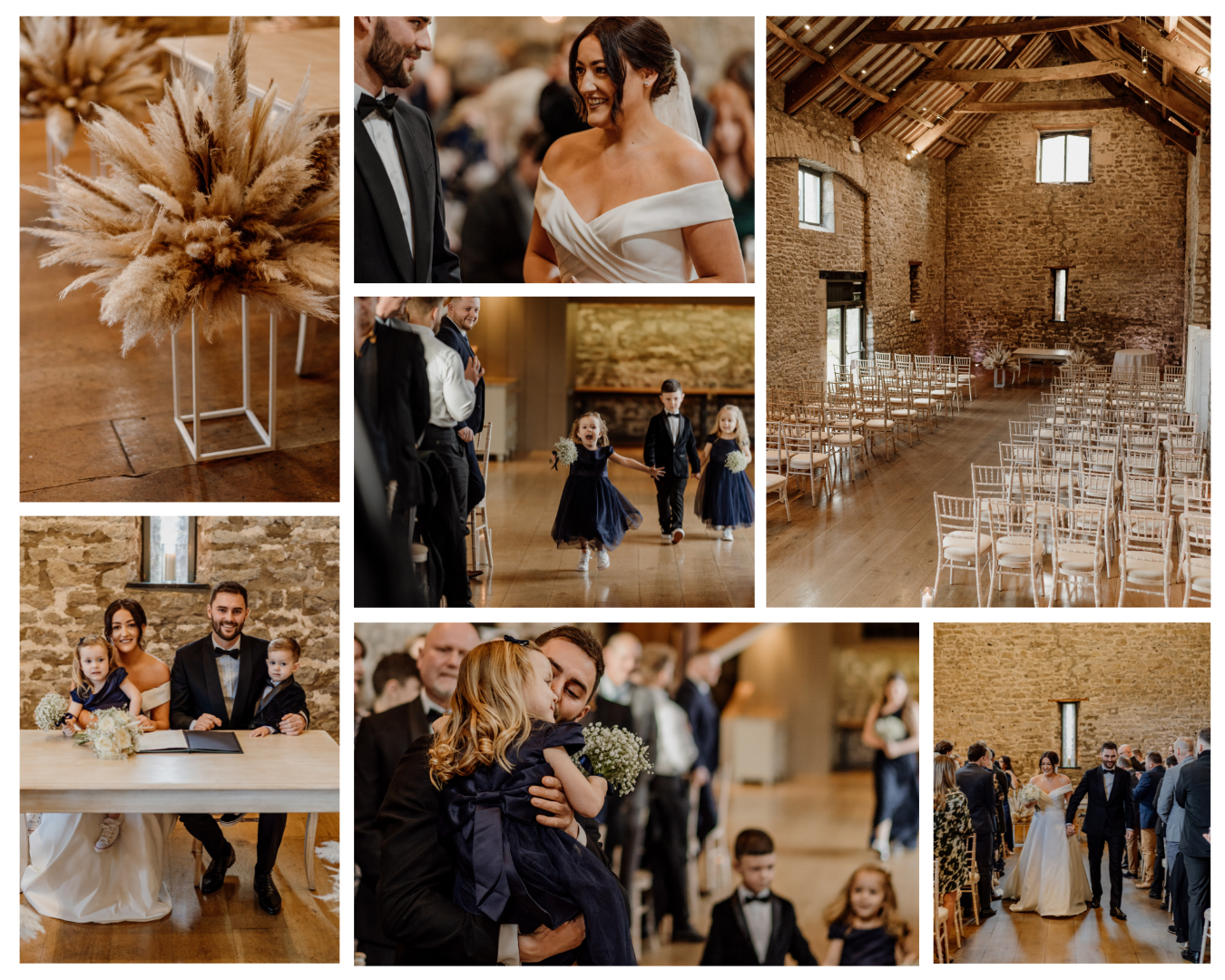 A collage of photos of a wedding ceremony in a barn.