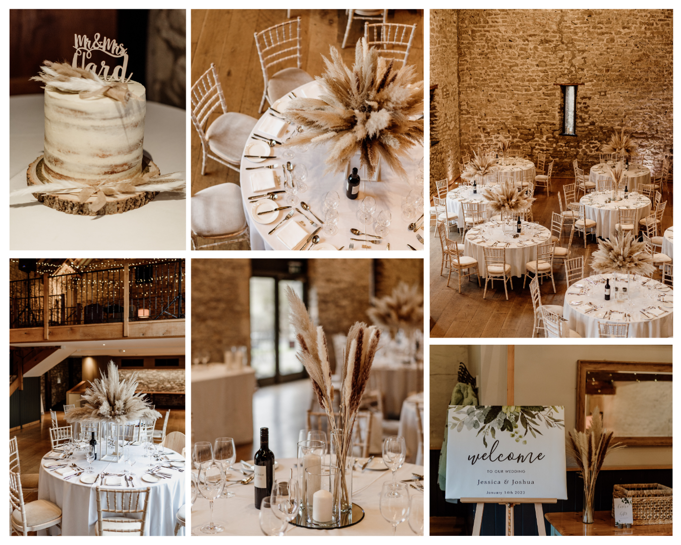 A collage of photos of a wedding reception with tables and chairs and a cake.
