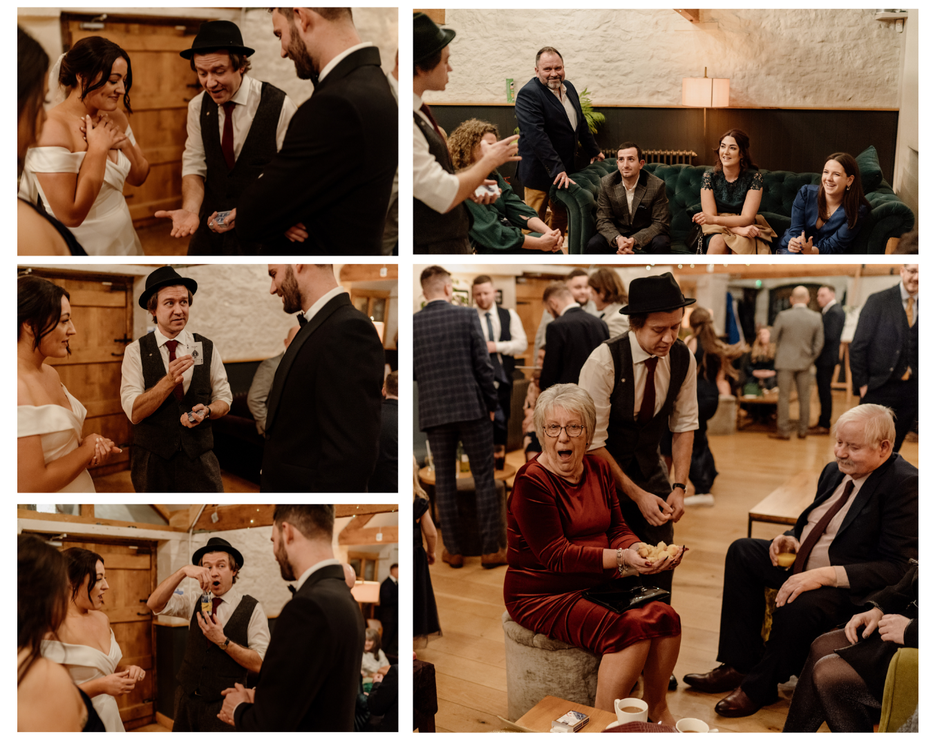 A collage of photos of people at a wedding reception.