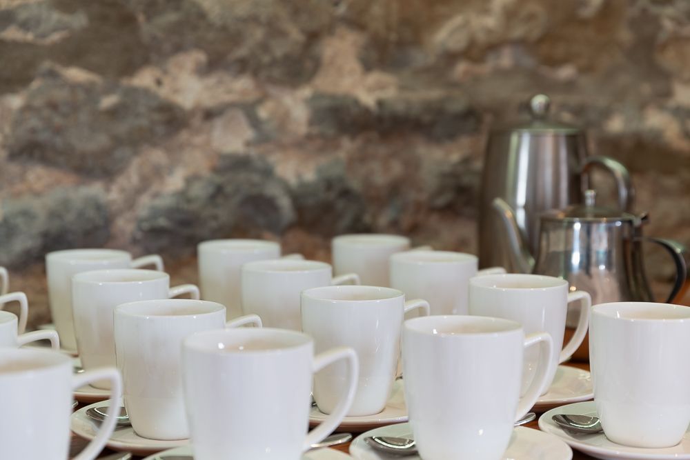 A row of white coffee cups and saucers on a table.